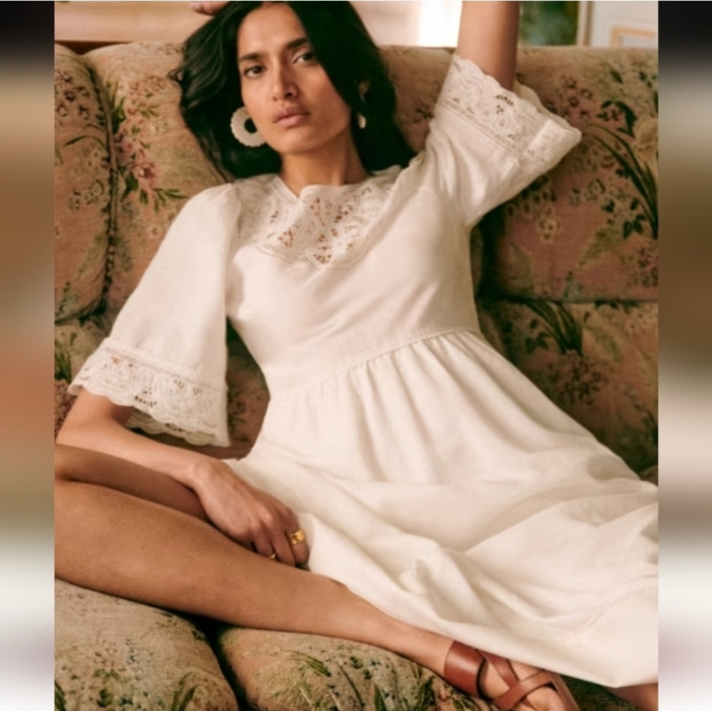 Sezane Ursula Cream Midi Dress with Lace Detail - Picture 2 of 6